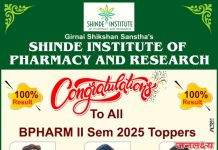 शिंदे इन्स्टिट्यूट ऑफ फार्मसी अँड रिसर्चचा बी.फार्म. द्वितीय सत्र 2025 परीक्षेत 100 टक्के निकाल